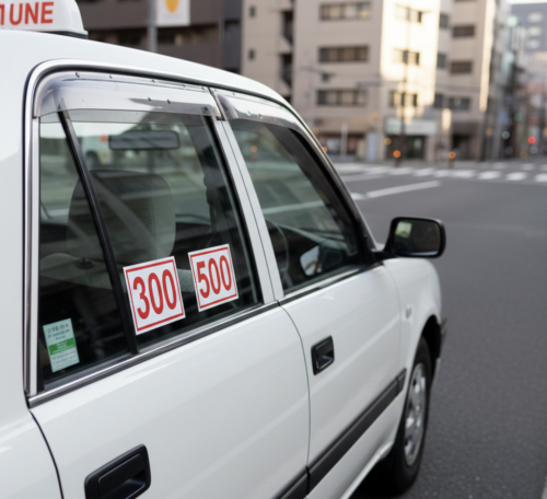 迎車料金500円の白いタクシー