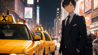 タクシーの前に立つスーツの男性