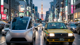 ロボタクシーと有人タクシーが並走する