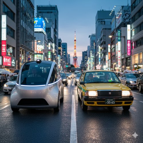 ロボタクシーと有人タクシーが並走する