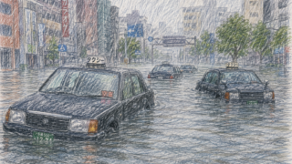 大雨で水没するタクシー