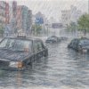 大雨で水没するタクシー