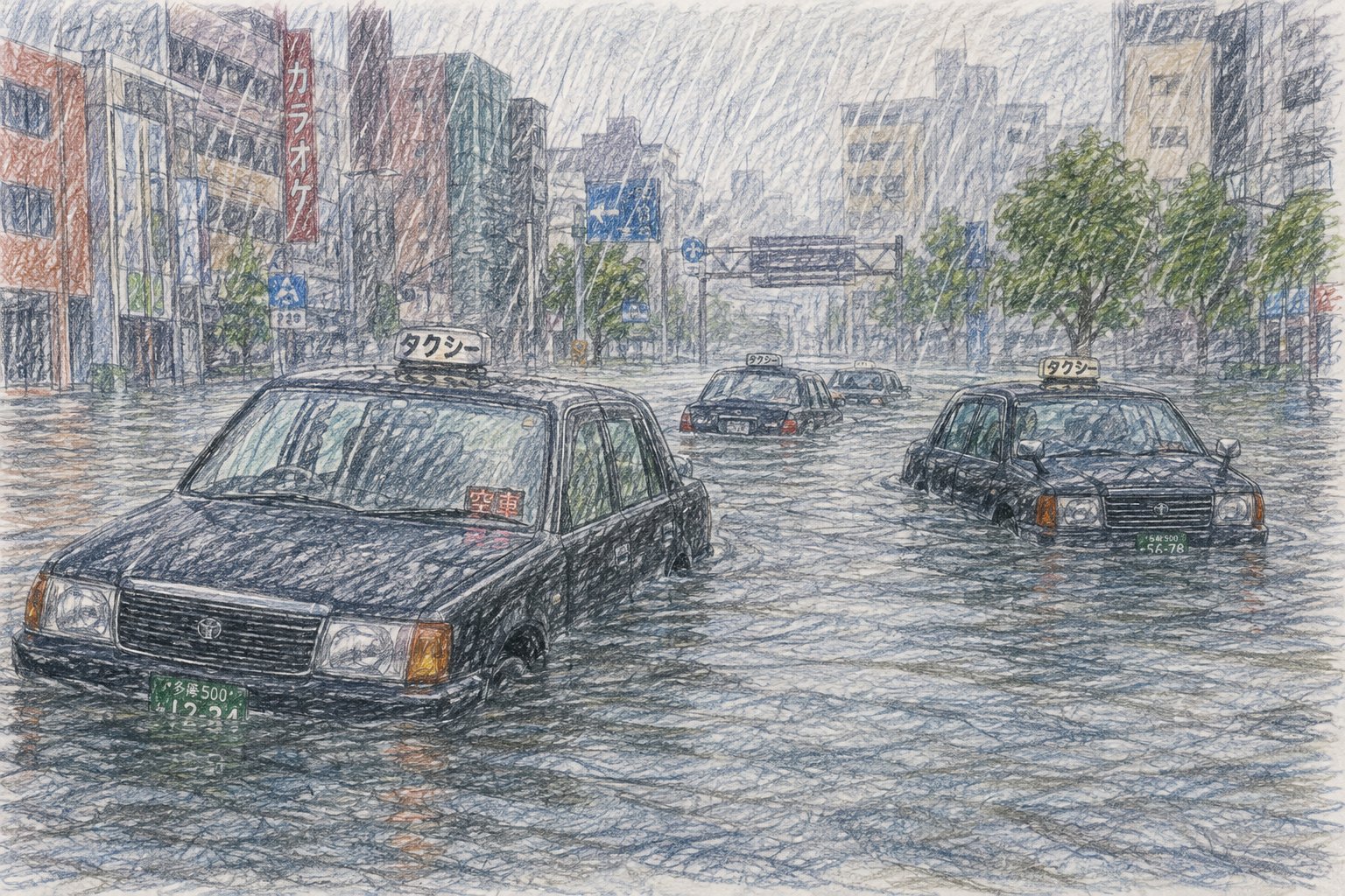 大雨で水没するタクシー